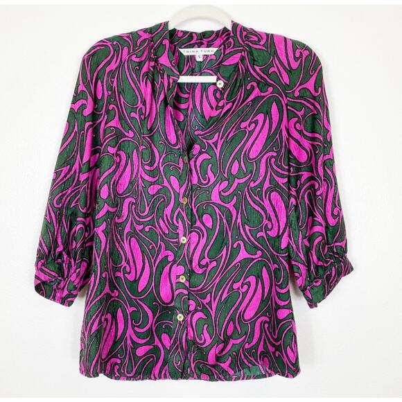 Trina Turk Swirl Magenta Green Silk 3/4 Sleeve Button Down Top Women's Small - Picture 1 of 9